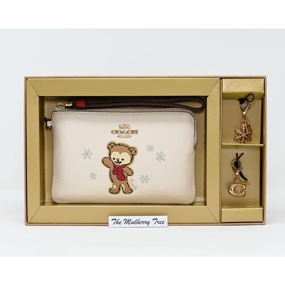 COACH Boxed Snowflake Bear Corner Zip Wristlet Chalk Leather CE891 NWT $148 - Picture 1 of 8